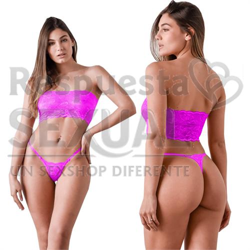 Bandeau e Hilo Dental de Puntilla Rosa Fluo