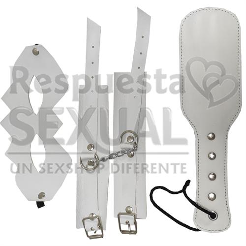 Kit de cuero Esposas + Antifaz + Fusta blanco